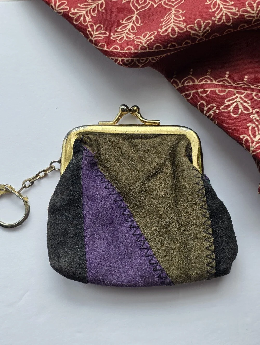 Vintage Leather Patchwork Coin Purse Kiss Lock
